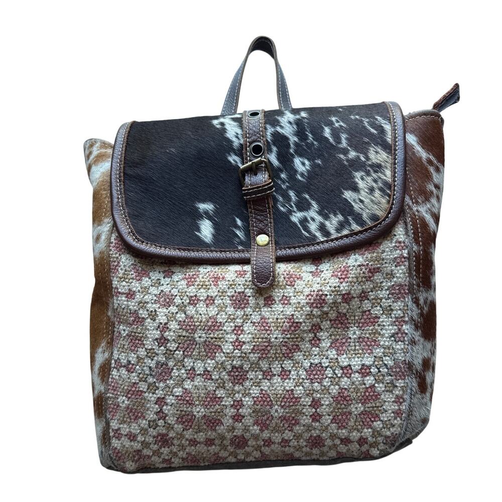 Myra Bag Upcycled Canvas Leather & Cow Hide Backpack School Bag